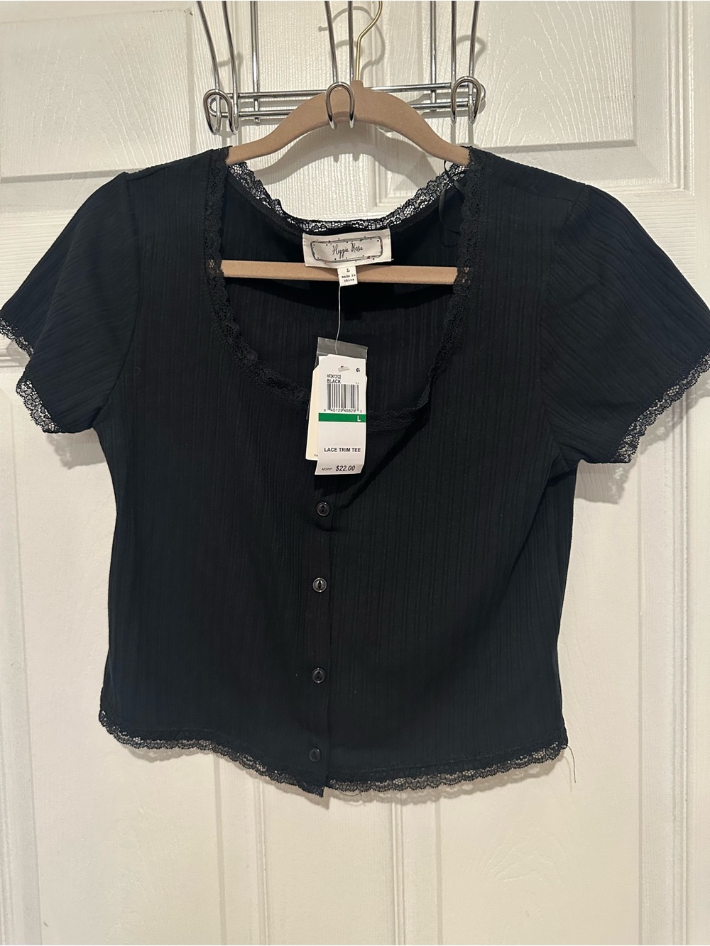 Hippie Rose Black Lace-Trim Button Front Top